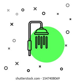 Black line Shower head with water drops flowing icon isolated on white background.  Vector Illustration