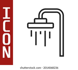 Black line Shower head with water drops flowing icon isolated on white background.  Vector