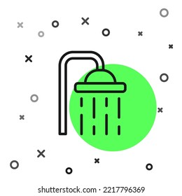 Black line Shower head with water drops flowing icon isolated on white background.  Vector