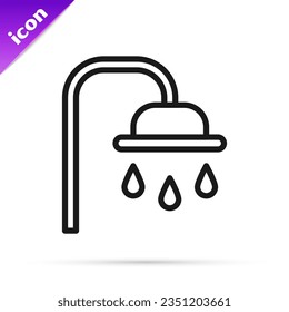 Black line Shower head with water drops flowing icon isolated on white background.  Vector Illustration