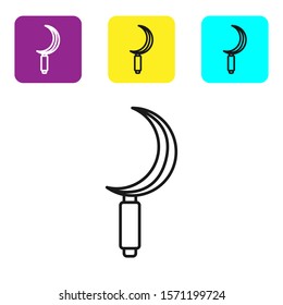 Black line Sickle icon isolated on white background. Reaping hook sign. Set icons colorful square buttons. Vector Illustration