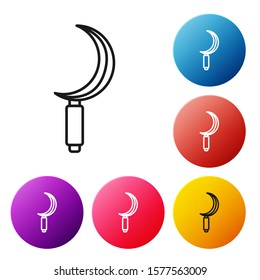 Black line Sickle icon isolated on white background. Reaping hook sign. Set icons colorful circle buttons. Vector Illustration