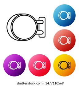 Black line Signboard hanging icon isolated on white background. Suitable for advertisements bar, cafe, pub, restaurant. Set icons colorful circle buttons. Vector Illustration