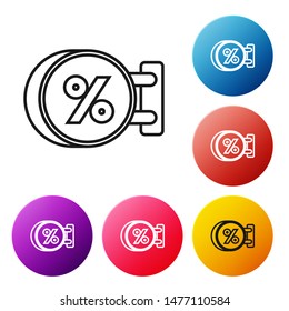 Black line Signboard hanging with an inscription discount percent icon isolated on white background. Suitable for bar, cafe, pub, restaurant. Set icons colorful circle buttons. Vector Illustration