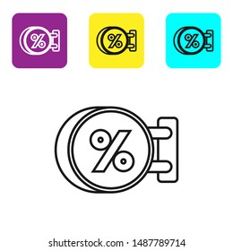 Black line Signboard hanging with an inscription discount percent icon isolated on white background. Suitable for bar, cafe, pub, restaurant. Set icons colorful square buttons. Vector Illustration