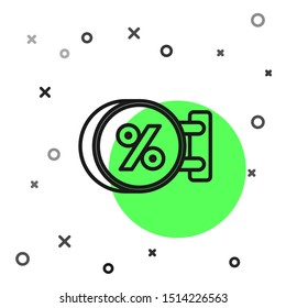 Black line Signboard hanging with an inscription discount percent icon isolated on white background. Suitable for bar, cafe, pub, restaurant.  Vector Illustration