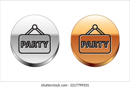 Black line Signboard party icon isolated on white background. Silver-gold circle button. Vector