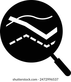 Black line silhouette icon of multiple line graphs magnified with a magnifying glass