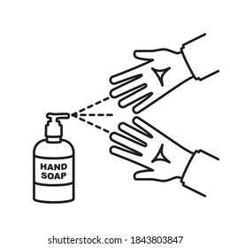 Black line silhouette liquid soap, pumping from bottle. Disinfection concept. Applying a moisturizing sanitizer. Pictogram hand washing hands. Vector flat design. Isolated on white background. 