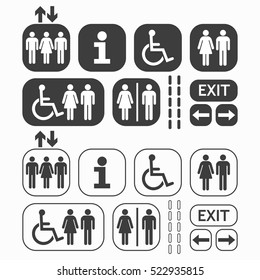 Black line and silhouette Man and Woman public access icons set on white background