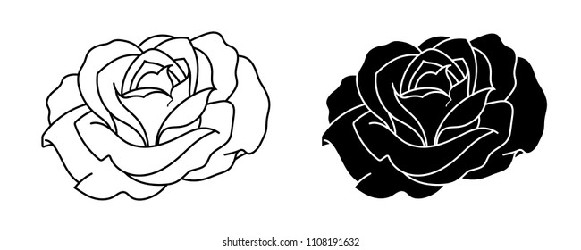 Black line and silhouette of rose flower isolated on white background