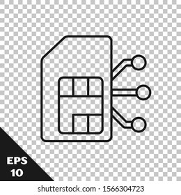 Black line Sim card icon isolated on transparent background. Mobile cellular phone sim card chip. Mobile telecommunications technology symbol.  Vector Illustration
