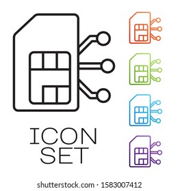 Black line Sim card icon isolated on white background. Mobile cellular phone sim card chip. Mobile telecommunications technology symbol. Set icons colorful. Vector Illustration