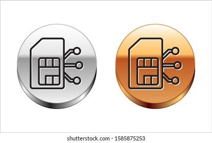 Black line Sim card icon isolated on white background. Mobile cellular phone sim card chip. Mobile telecommunications technology symbol. Silver-gold circle button. Vector Illustration