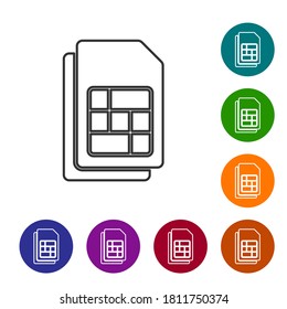 Icono de tarjeta Sim de línea negra aislado en fondo blanco. Chip de la tarjeta SIM del teléfono celular móvil. Símbolo de tecnología de telecomunicaciones móviles. Establezca los iconos en los botones de círculo de color. Vector.