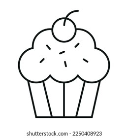 Black Line Simple Cupcake Icon Logo with Sprinkles and Cherry on Top for Kids Drawing, Coloring, Painting, Print and Sticker Isolated on White Background