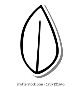 Black line a simple leaf on white silhouette and gray shadow. Hand drawn cartoon style. Doodle for decoration or any design. Vector illustration of nature flower.