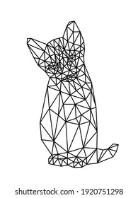Gato sentado en línea negra vectorial de bajo logotipo de polígono, doodle triangular de gatito aislado en fondo blanco. Caricatura gitana baja de poli, diseño geométrico de mascota.