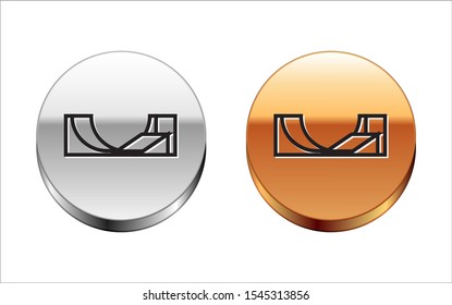 Black line Skate park icon isolated on white background. Set of ramp, roller, stairs for a skatepark. Extreme sport. Silver-gold circle button. Vector Illustration
