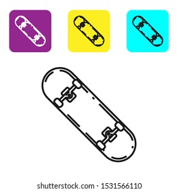 Black line Skateboard icon isolated on white background. Extreme sport. Sport equipment. Set icons colorful square buttons. Vector Illustration