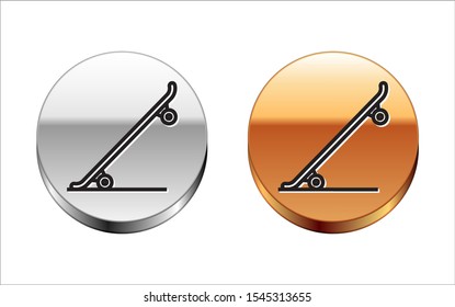 Black line Skateboard icon isolated on white background. Extreme sport. Sport equipment. Silver-gold circle button. Vector Illustration