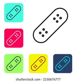 Black line Skateboard icon isolated on white background. Extreme sport. Sport equipment. Set icons in color square buttons. Vector
