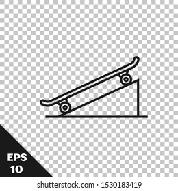 Black line Skateboard on street ramp icon isolated on transparent background. Extreme sport. Sport equipment.  Vector Illustration