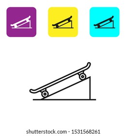 Black line Skateboard on street ramp icon isolated on white background. Extreme sport. Sport equipment. Set icons colorful square buttons. Vector Illustration