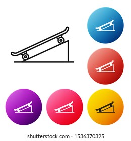 Black line Skateboard on street ramp icon isolated on white background. Extreme sport. Sport equipment. Set icons colorful circle buttons. Vector Illustration