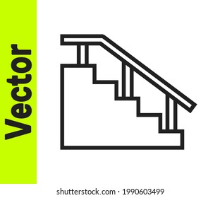 Black line Skateboard stairs with rail icon isolated on white background.  Vector