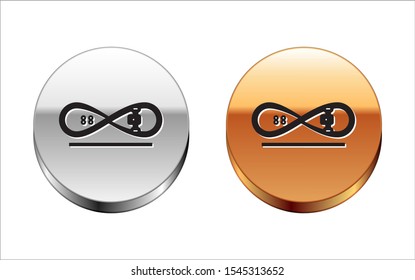 Black line Skateboard trick icon isolated on white background. Extreme sport. Sport equipment. Silver-gold circle button. Vector Illustration