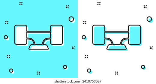 Icono de la rueda del patinador de línea negra aislado en fondo verde y blanco. Suspensión de patinaje. Rueda de patinaje. Formas dinámicas aleatorias. Vector