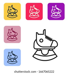 Black line Skates icon isolated on white background. Ice skate shoes icon. Sport boots with blades. Set icons in color square buttons. Vector Illustration