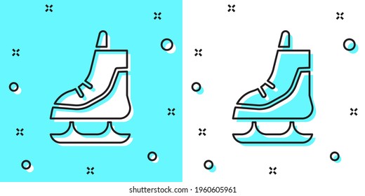 Black line Skates icon isolated on green and white background. Ice skate boot icon. Sport boots with blades. Random dynamic shapes. Vector Illustration