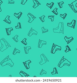 Black line Skates icon isolated seamless pattern on green background. Ice skate shoes icon. Sport boots with blades.  Vector