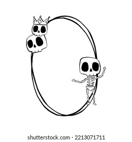 Black line Skeleton and Skull on two oval. Vector illustration about Halloween for decorate logo, greeting cards and any design.