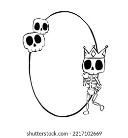 Black line Skeleton and Skull on oval. Vector illustration about Halloween for decorate logo, greeting cards and any design.