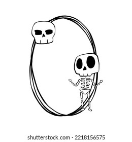 Black line Skeleton and Skull on triple oval frame. Vector illustration about Halloween for decorate logo, greeting cards and any design.