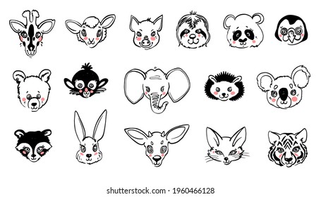 Black line sketch animals portrait. Cartoon vector illustration. Vector hand drawing. Giraffe, sheep, pig, sloth, panda, penguin, bear, monkey, elephant, hedgehog, koala, raccoon, deer, fox, tiger.