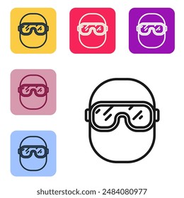 Black line Ski goggles icon isolated on white background. Extreme sport. Sport equipment. Set icons in color square buttons. Vector