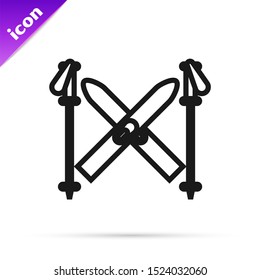 Black line Ski and sticks icon isolated on white background. Extreme sport. Skiing equipment. Winter sports icon.  Vector Illustration