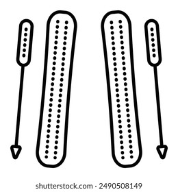 Black line skiing icon. Vector monochrome illustration of two skis and ski poles, editable stroke