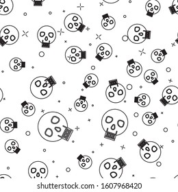 Black line Skull icon isolated seamless pattern on white background. Happy Halloween party.  Vector Illustration