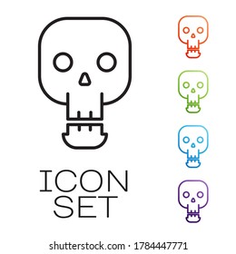 Schwarze Linie Skull Symbol einzeln auf weißem Hintergrund. Frohes Halloween-Fest. Symbole bunt festlegen. Vektorgrafik