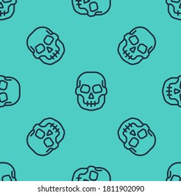 Black line Skull icon isolated seamless pattern on green background. Happy Halloween party.  Vector