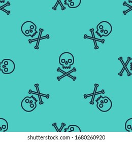 Línea negra Skull en el icono cruzado aislado patrón sin fisuras en el fondo verde. Ilustración vectorial