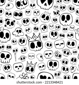 Black line Skull seamless pattern. Design for paper, covers, cards, fabrics, background and any. Vector illustration about Halloween.