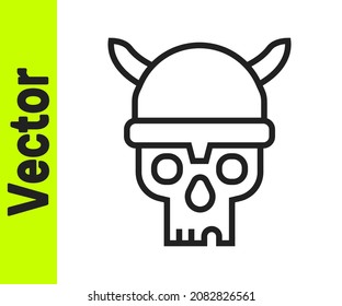 Black line Skull with viking helmet icon isolated on white background. Happy Halloween party.  Vector