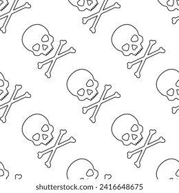 Black line skulls and crossed bones on white background. Vector seamless pattern. 