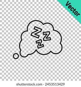 Black line Sleepy icon isolated on transparent background. Sleepy zzz talk bubble.  Vector